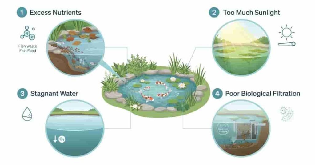Infographic showing the natural causes of pond algae including excess nutrients, sunlight, stagnant water, and poor biological filtration.
