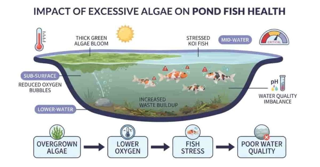 Infographic explaining why overgrown pond algae is dangerous for fish and reduces water quality